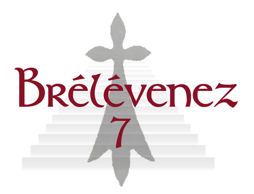 A greyscale cross stands behind the red text "Brélévenez 7" with steps going up in the background .